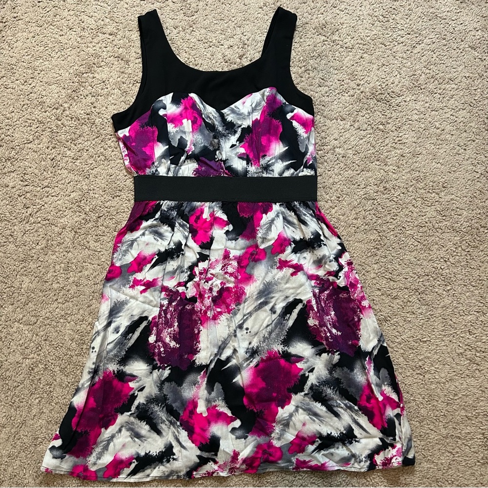 Vibrant Pink and Black Pattern Sleeveless Mini Dress Stretchy Back Zipper Medium